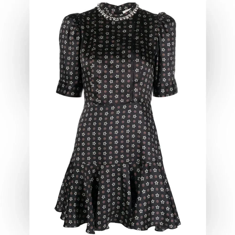 SANDRO Star Print Mini Dress Embellished Collar Sz 34 XS